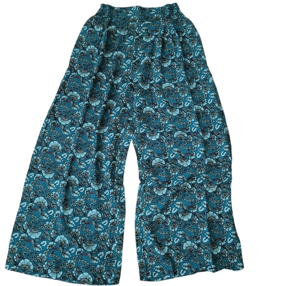 Band of the Free Size M Elise Teal Floral Wide Leg Pants High Waist NEW - Picture 2 of 10